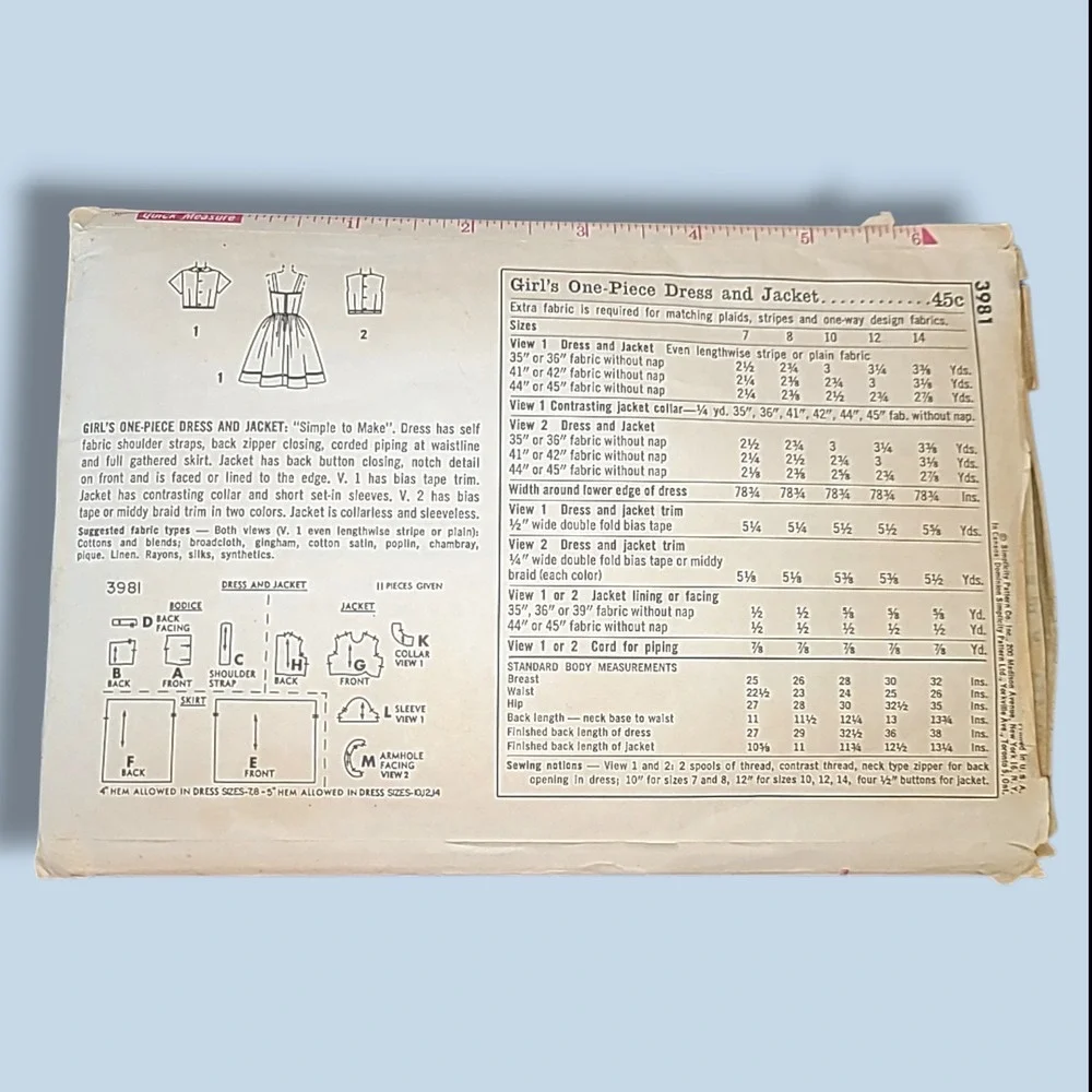 Vintage SIMPLICITY Sewing Pattern 3981 Girl's One Piece Dress Jacket Size 12 CUT